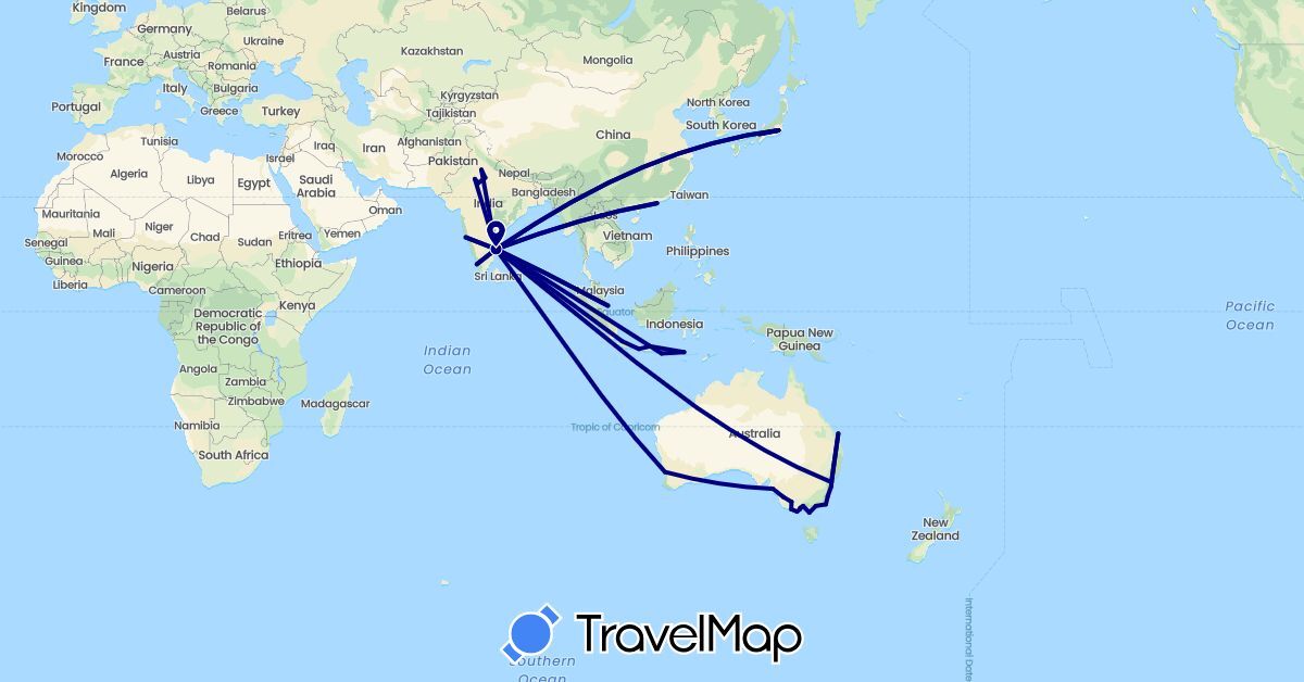 TravelMap itinerary: driving in Australia, China, Indonesia, India, Japan, Singapore (Asia, Oceania)